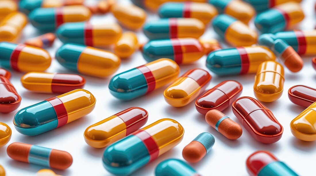 Pills in yellow red and blue